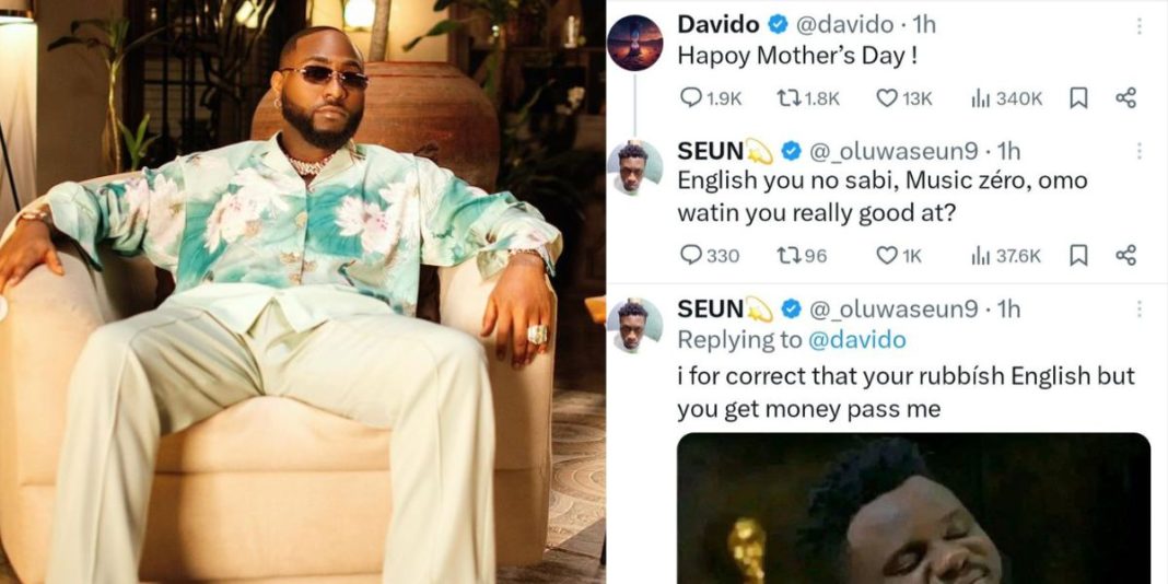 English you no sabi, music zero” – Internet user berates Davido for spelling “Happy Mother’s Day” as “Hapoy Mother’s Day”