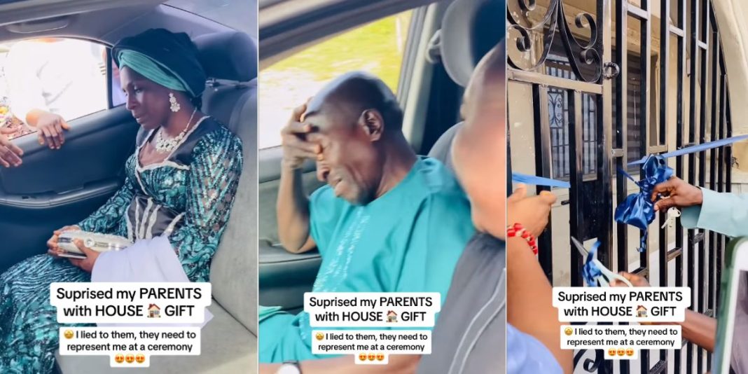 Nigerian man gets parents emotional as he surprises them with new house (Video)
